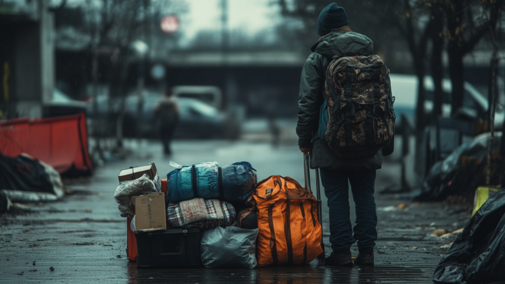 Man with packed things ready to evacuate