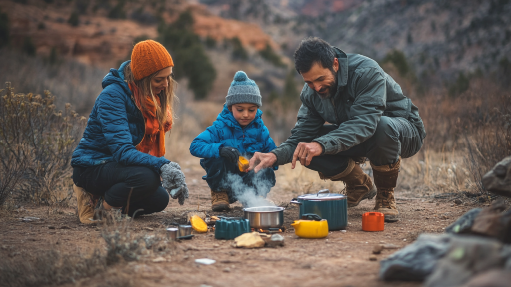 Parents teaching kid to boil water