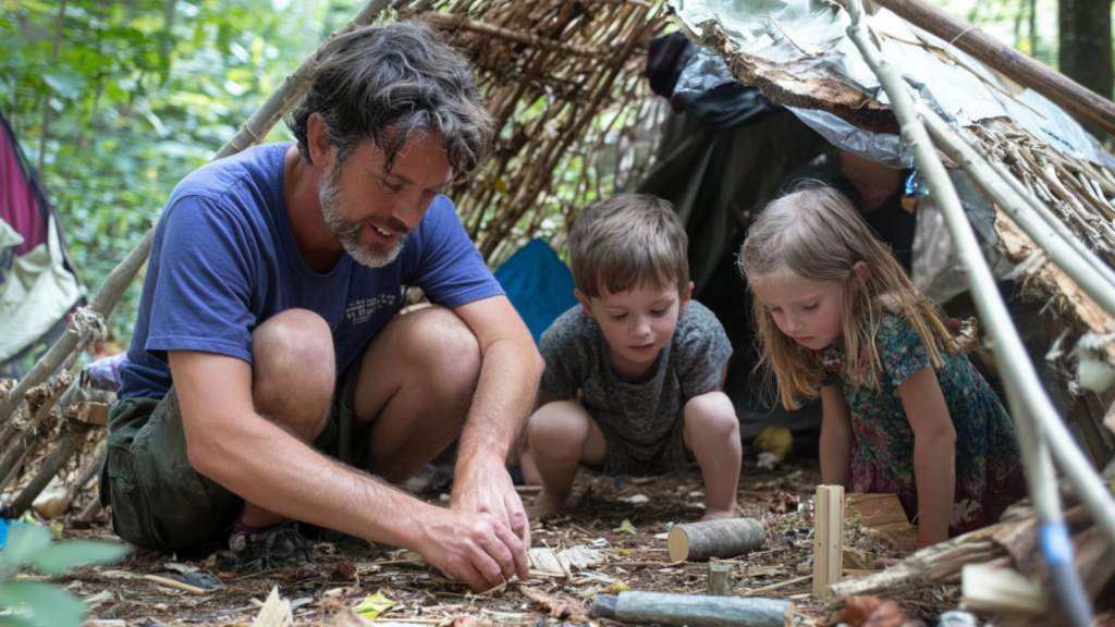 parents teaching kids to build basic shelter