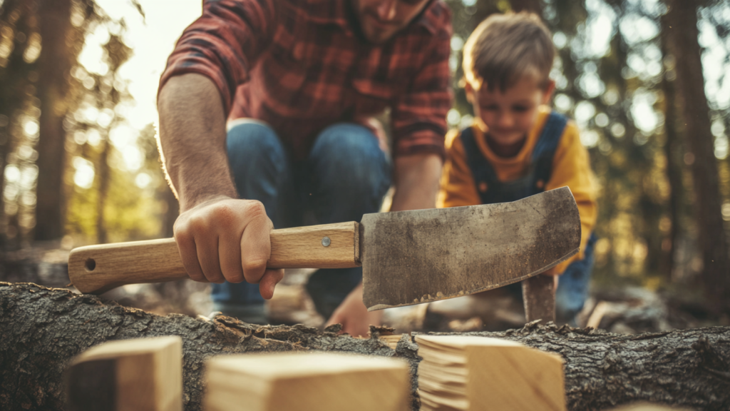 parent teaching kid to use axe