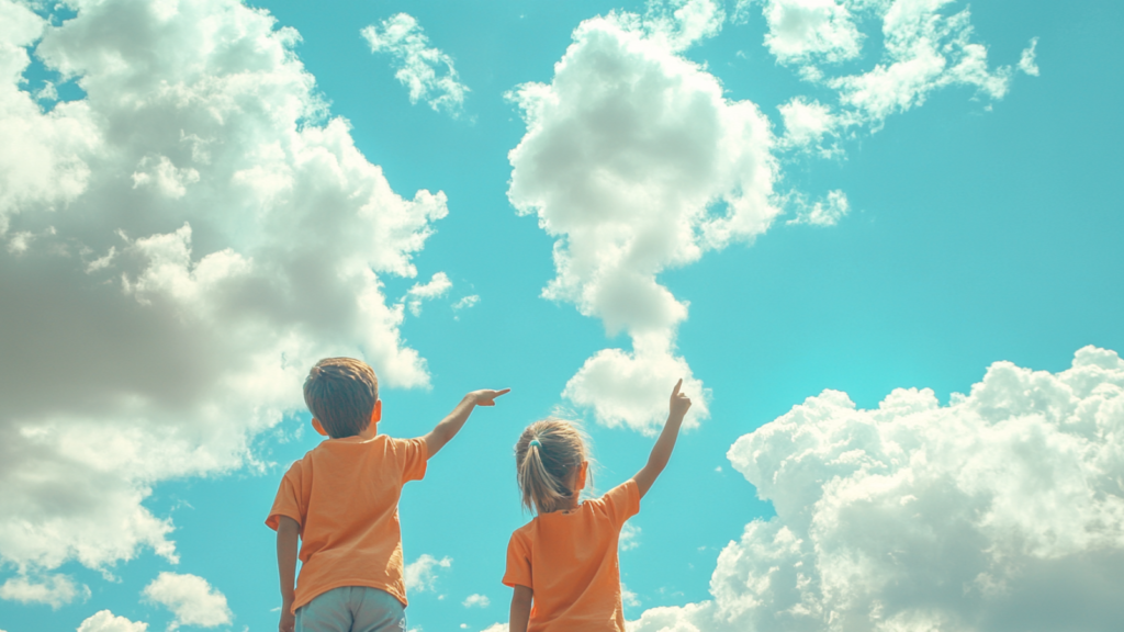 Two kids pointing at clouds