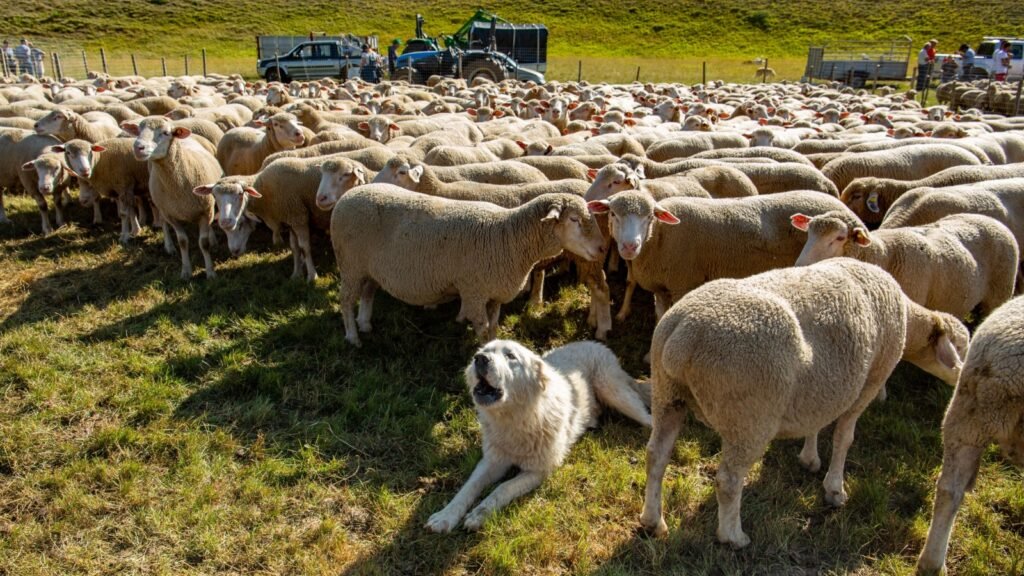 a guard dog with a flock of sheep
