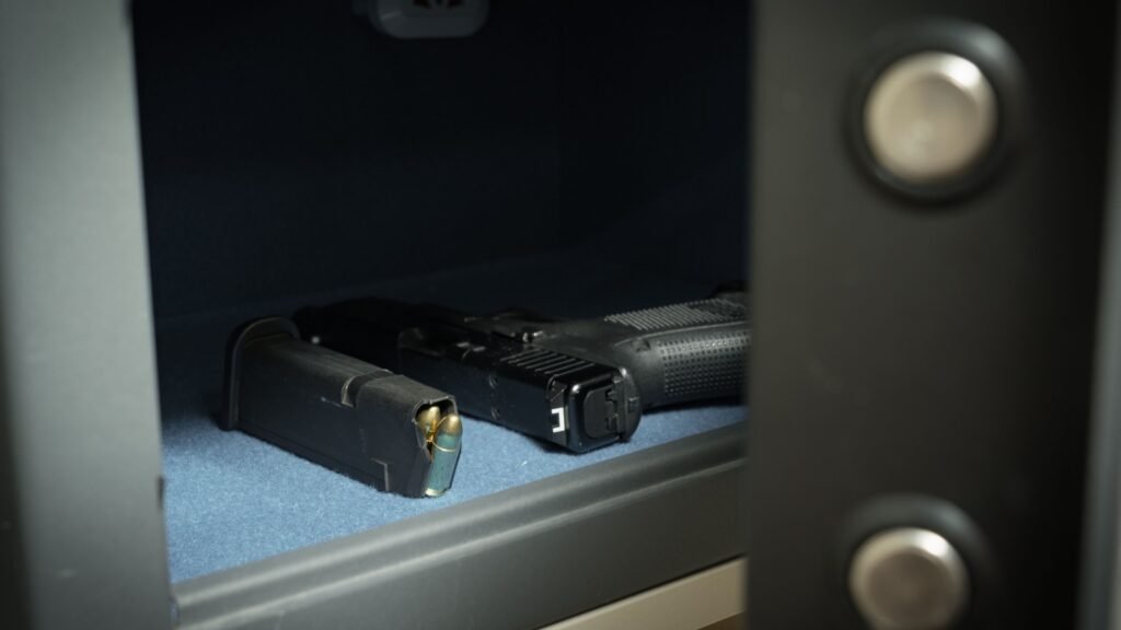 pistol and ammo inside a safe
