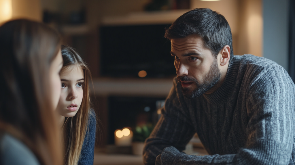 dad talking to his wife and daughter