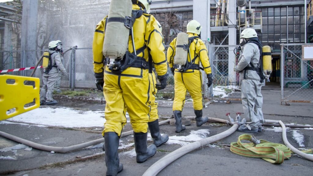 firefighters wearing chemical protection suit
