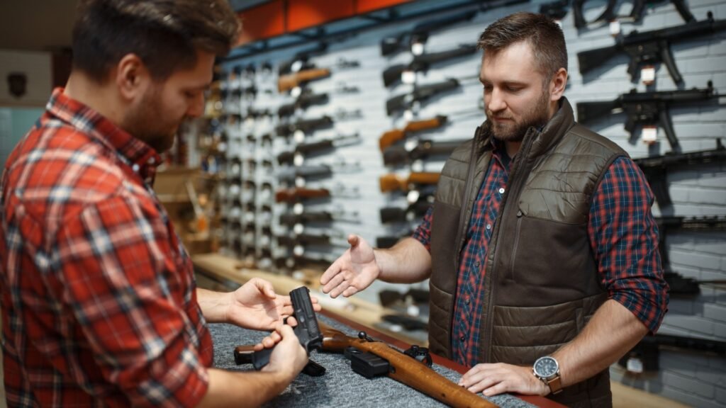 a man buying a gun from a gun shop
