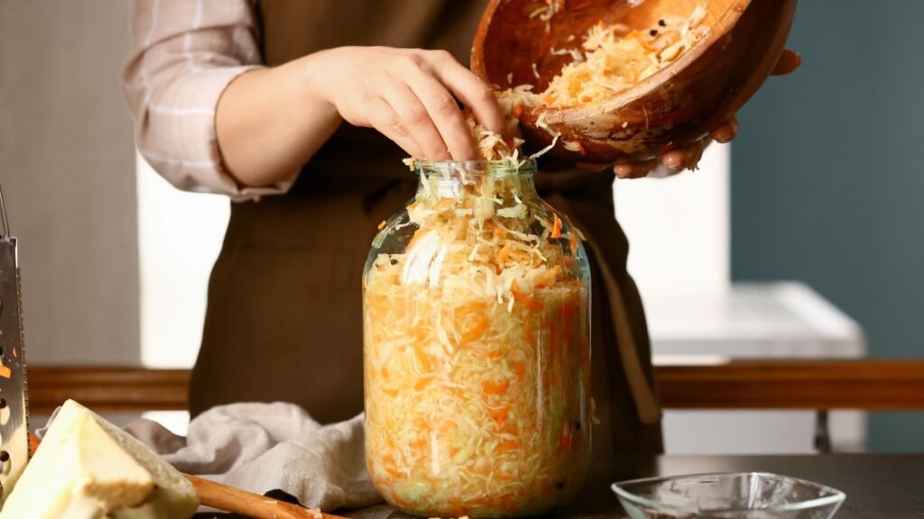 pouring sauerkraut into a glass jar
