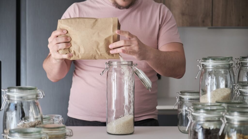 pouring rice in an airtight container