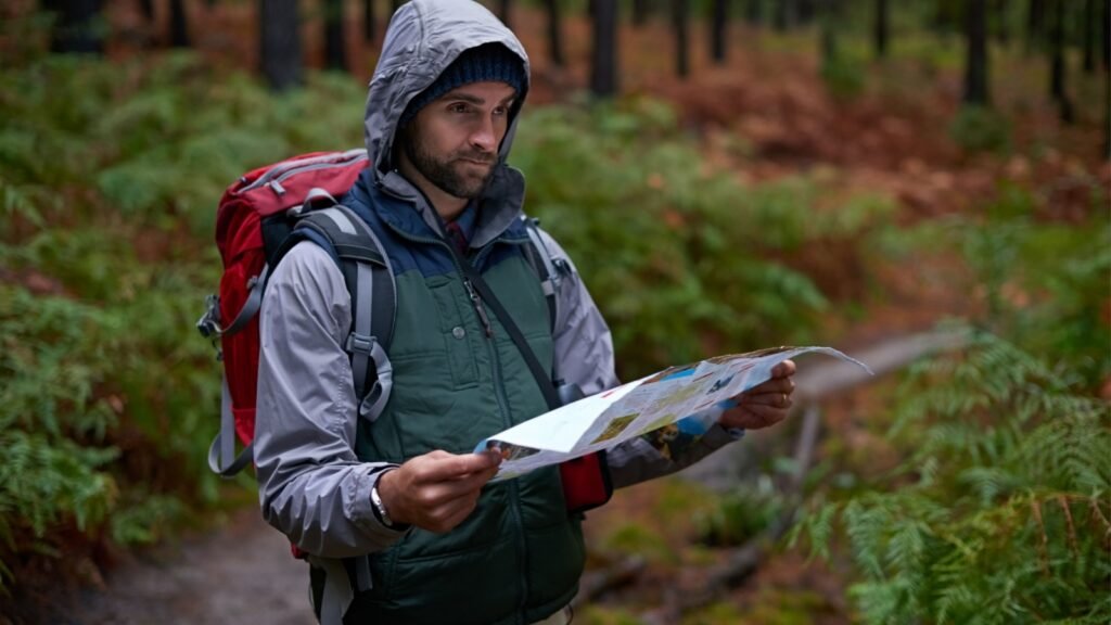 a man using a map in the woods
