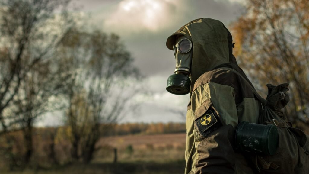 wearing gas mask in radioactive zone
