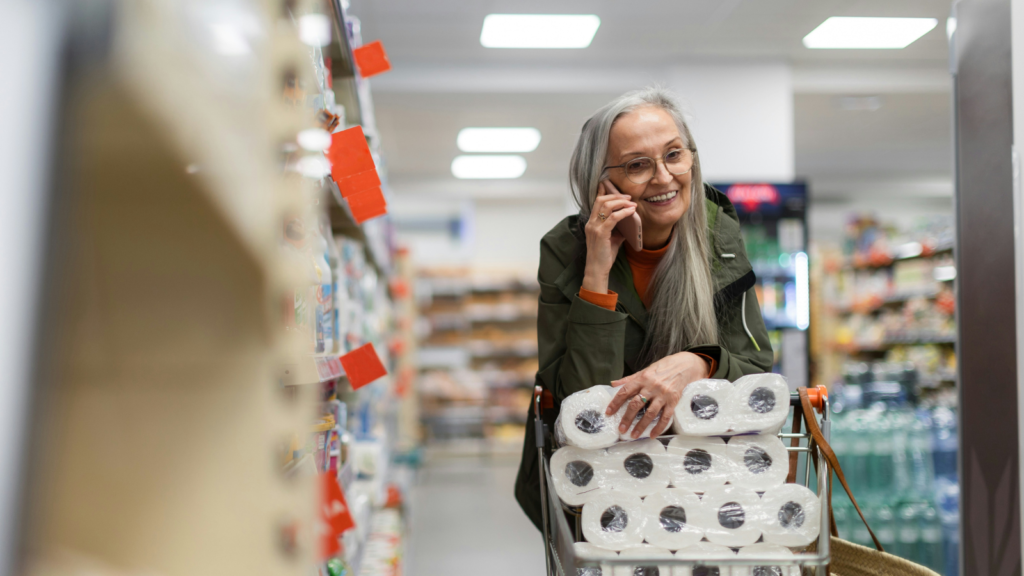 a woman with a cart of toilet papers
