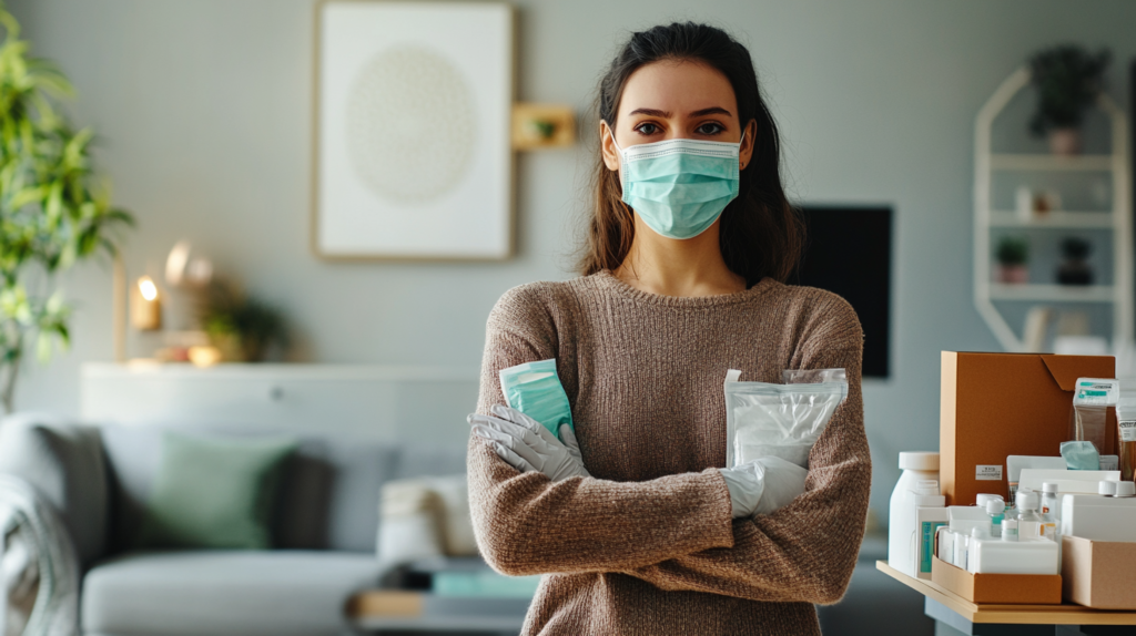 Woman wearing facemask with gloves and essentials to combat airborne illness