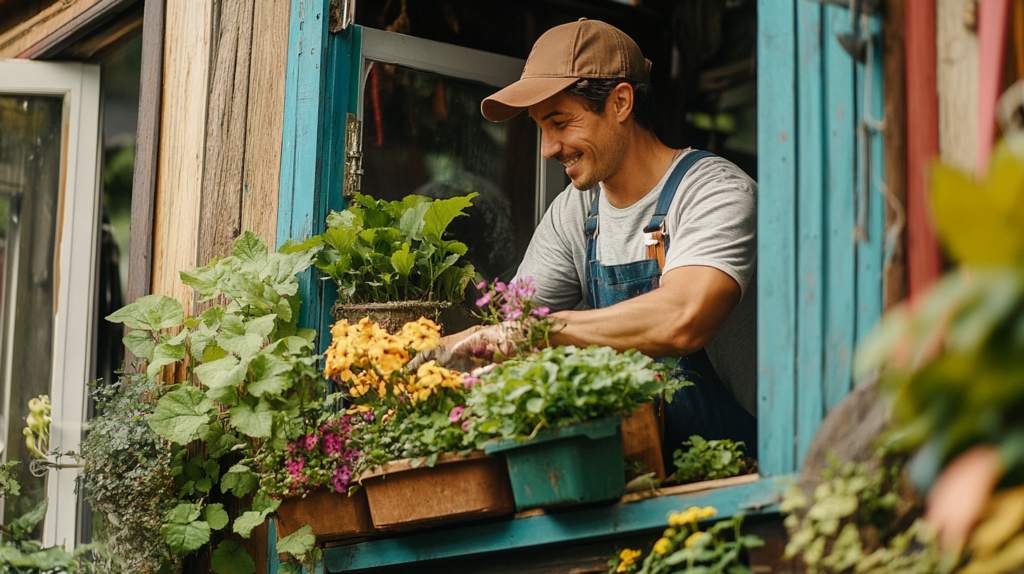 Man gardening in the window box with plants