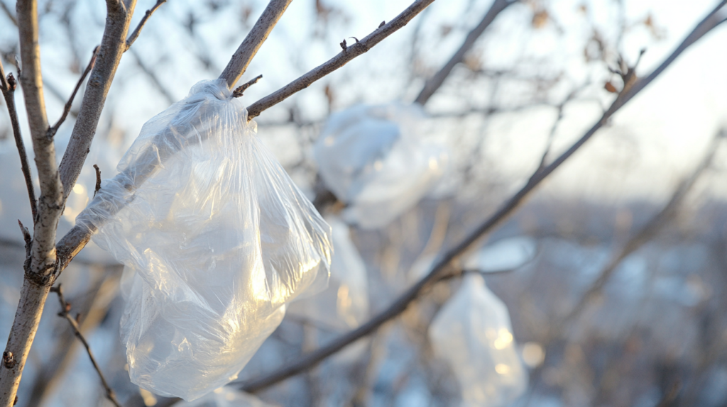 Tie plastic bags around tree branches overnight
