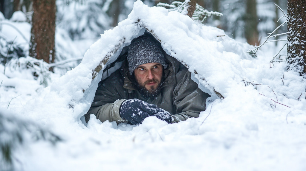 a prepper in a snow shelter