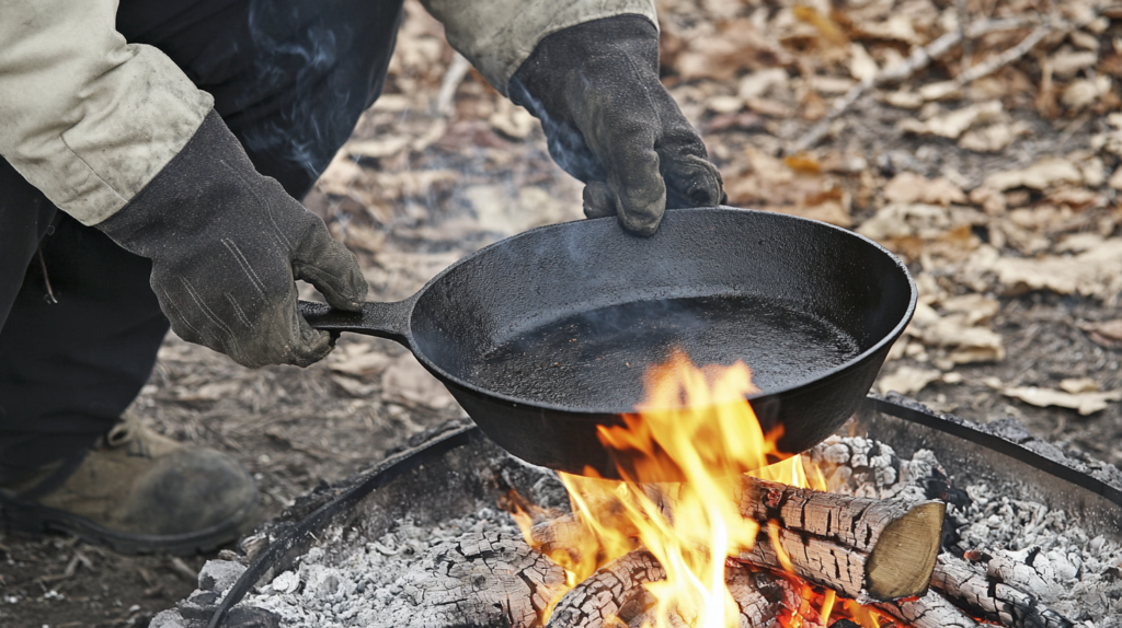 open fire cooking using cast iron skillet