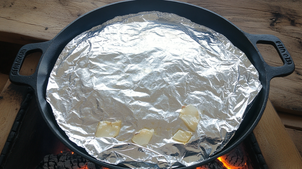 a cast iron pan covered with foil
