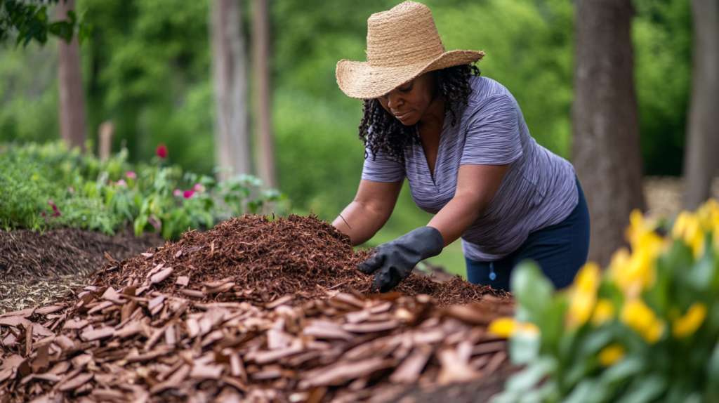 Woman mulching garden