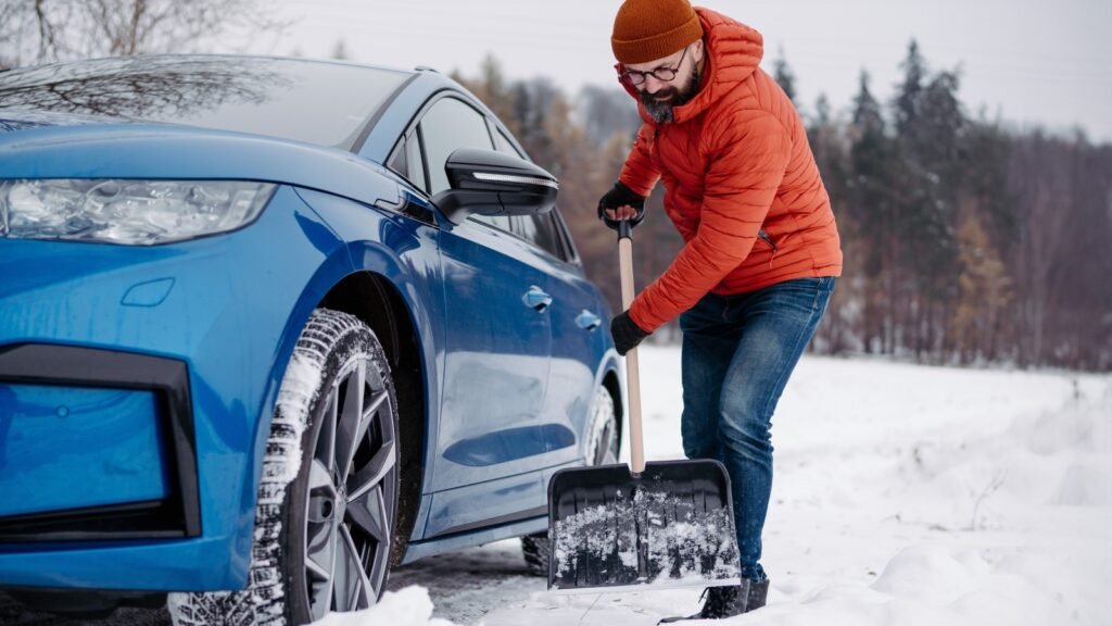 Snow shovel in car