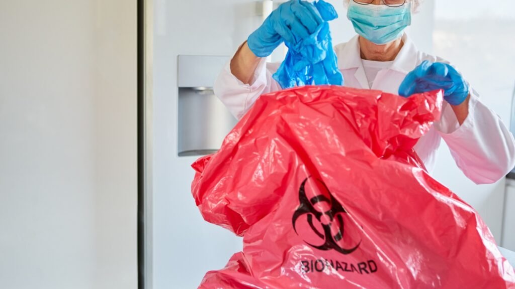 a scientist putting used nitrile gloves in biohazard disposal bag