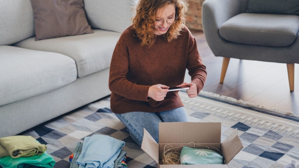 a woman taking a picture of her belongings