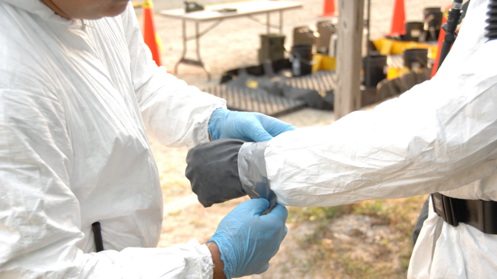 putting chemical tape over arm suit