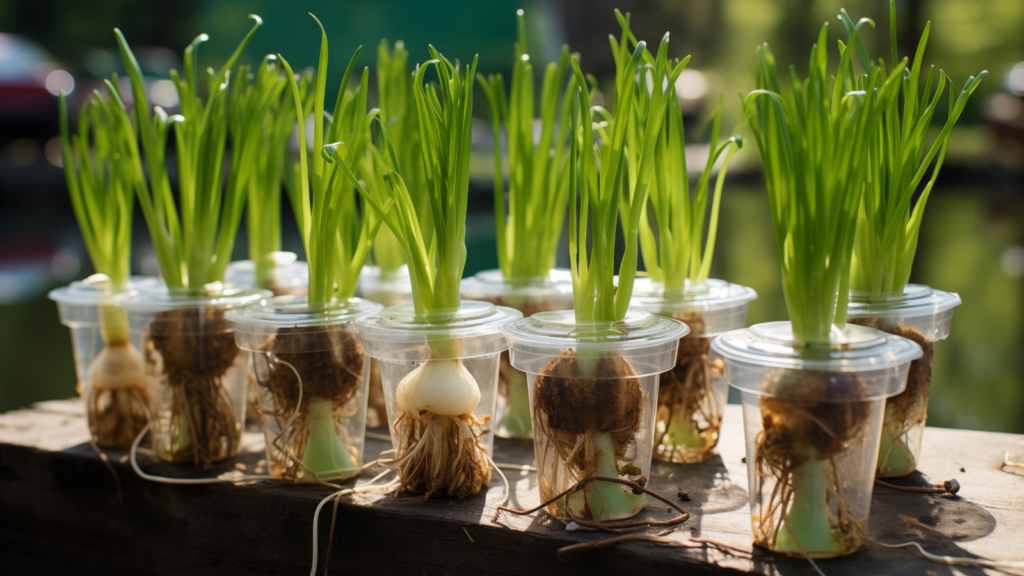 Fresh spring onions growing in small plastic cups vibrant green leaves sprouting in an indoor setting with natural light