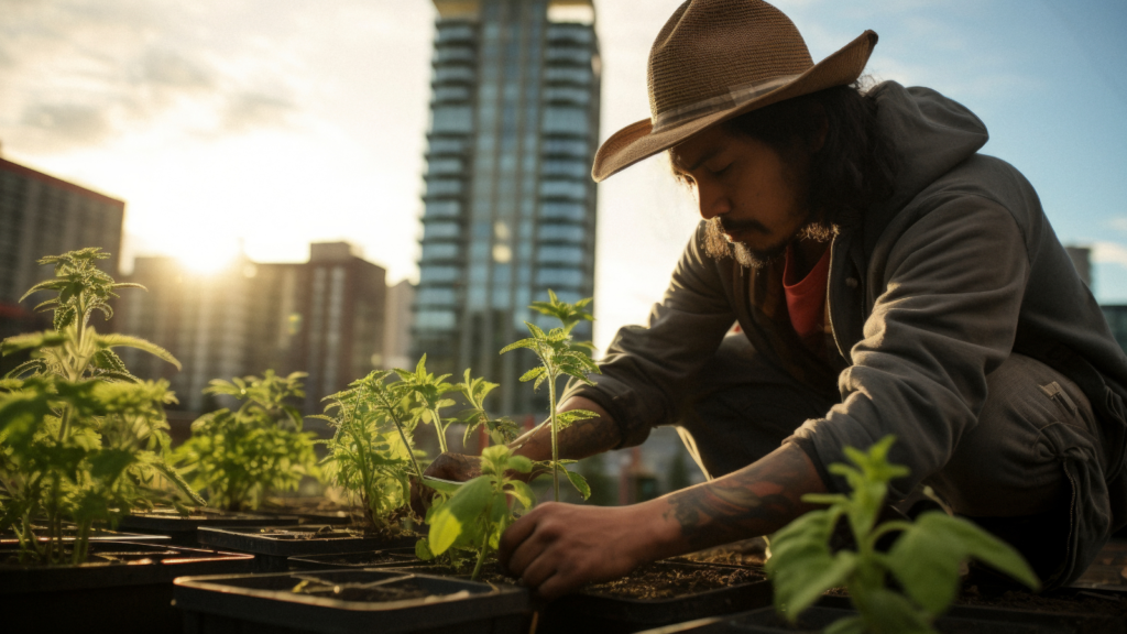 Man planting with urban landscape in the background