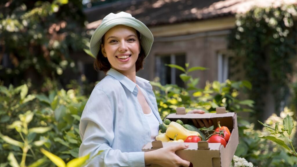 woman holding basket of vegetables