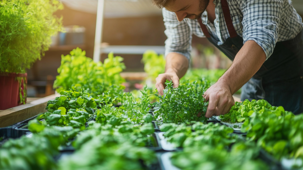a homesteader working on his hydroponics herb garden