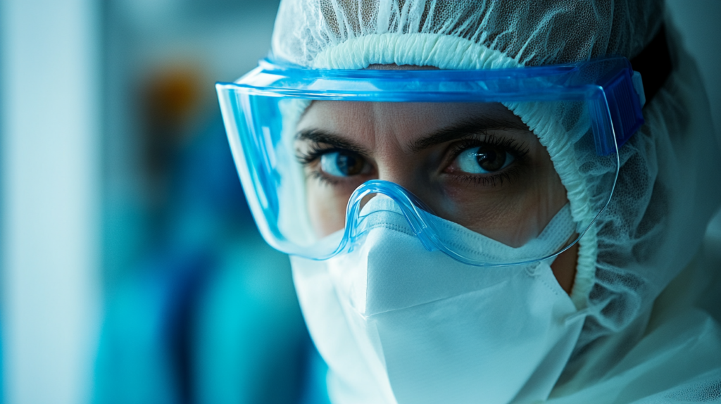 a scientist wearing a wrap-around protective eyewear while inside the laboratory