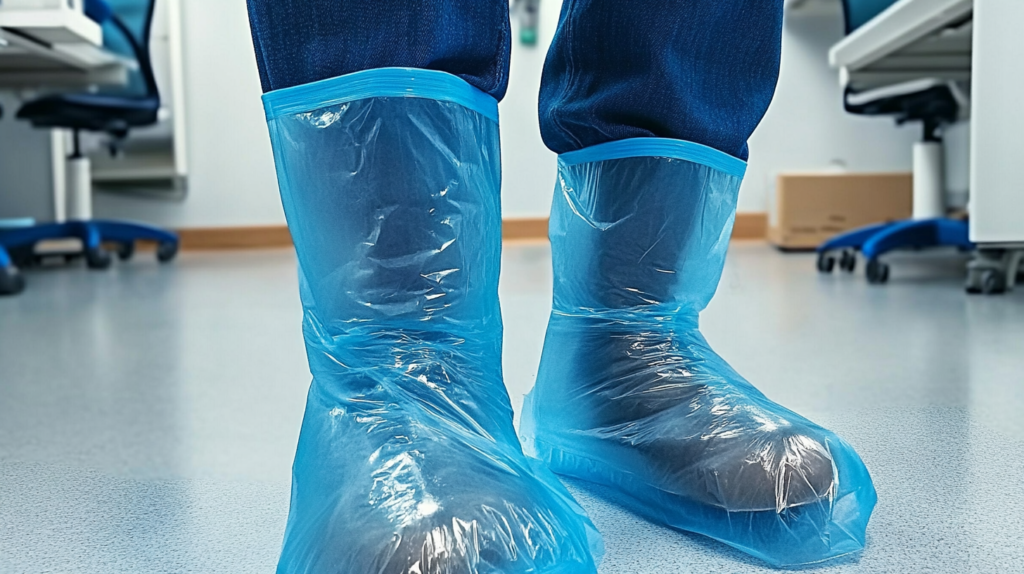 a scientist wearing plastic disposable boot covers while inside the laboratory