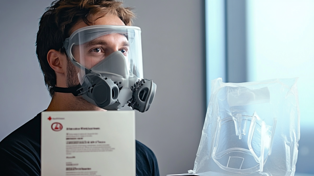 a man wearing a respirator with his qualitative fit test kit