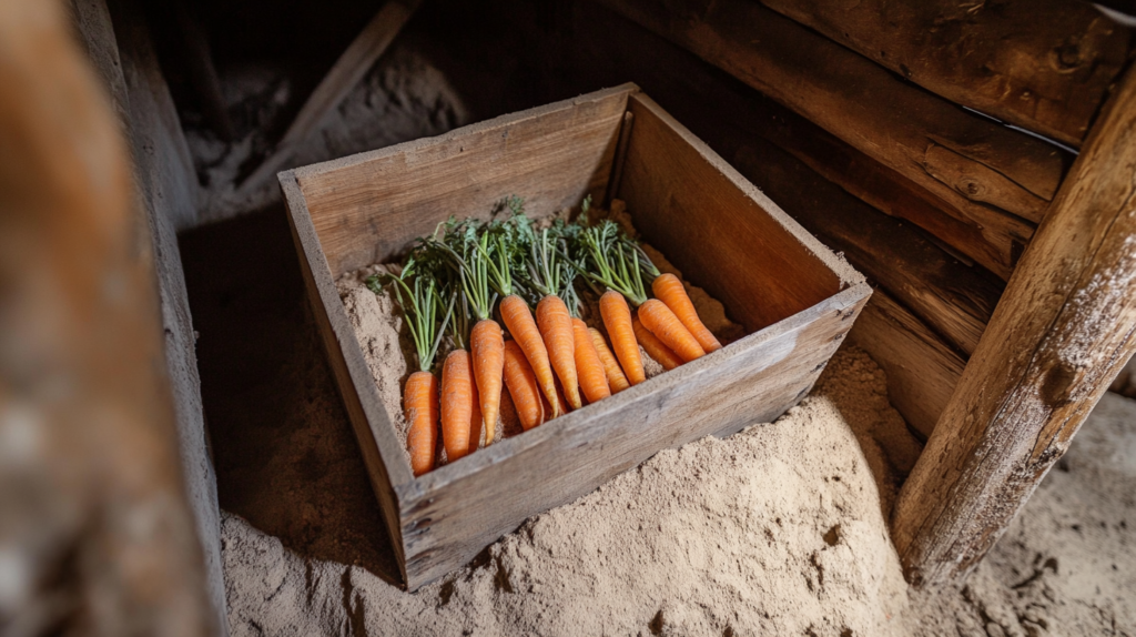 inside a root cellar with a wooden box filled with slightly sand and carrots