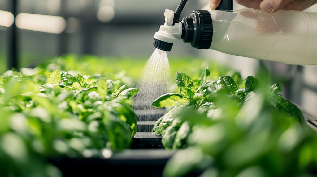 spraying hydroponic nutrient solution with a spray bottle